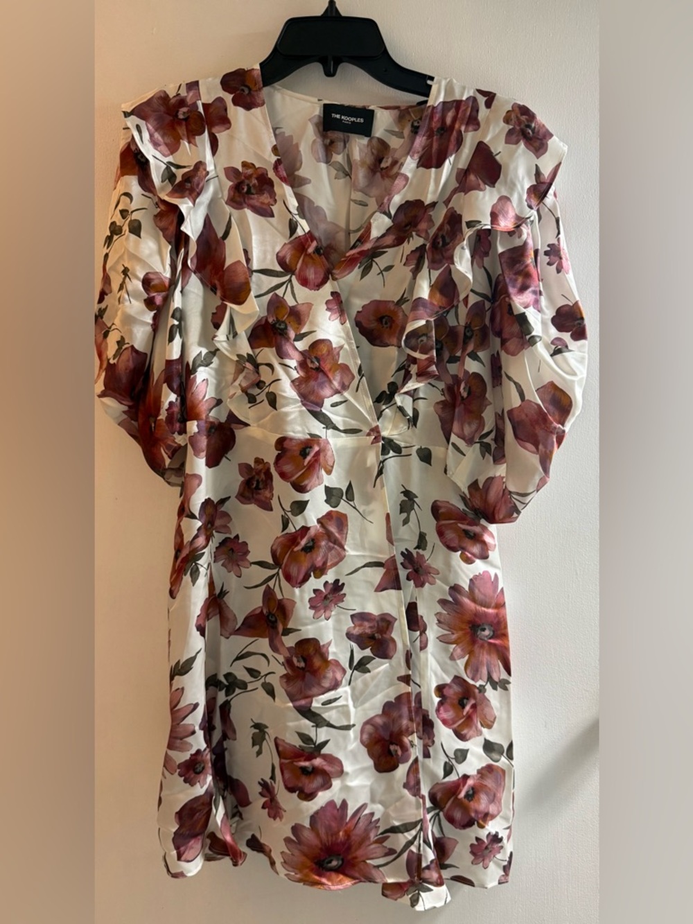 The Kooples Cream Floral Ruffle V-Neck Blouse with Mauve Flowers